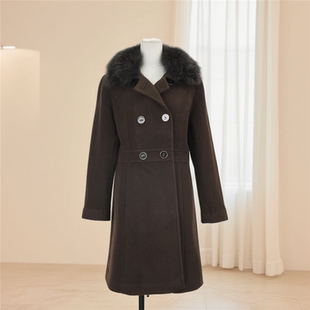 大衣外套修身 中长款 保暖43598 女韩系纯色毛领双排扣长袖 秋冬爆款