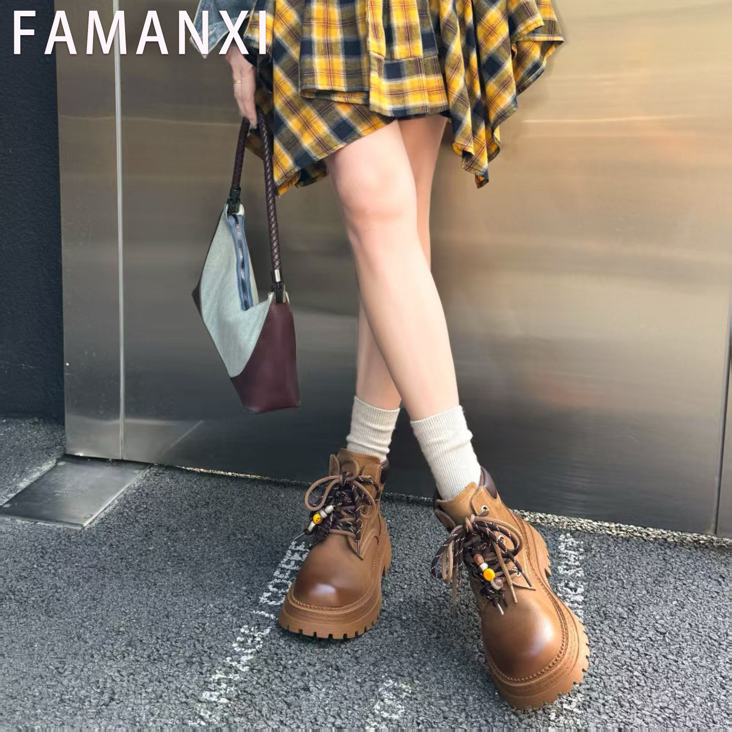 法蘭茜女鞋2025冬季新款头层牛皮厚底马丁靴驼色短靴加绒保暖棉靴
