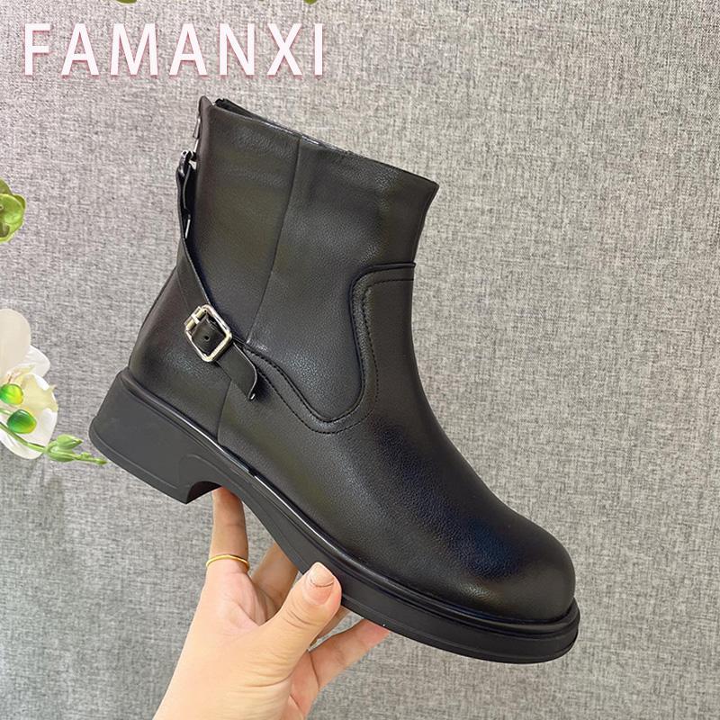 法蘭茜女鞋2024冬季新款牛皮粗跟中跟马丁靴皮带扣切尔西靴棉靴
