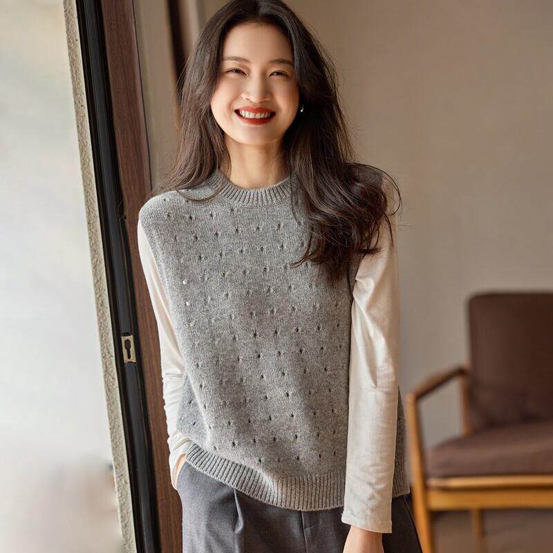 2025秋冬新款100%纯山羊绒衫女圆领无袖背心马甲宽松针织毛衣