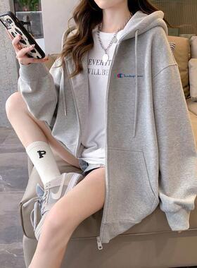 2024新连帽拉炼开衫灰色卫衣女秋冬中长款宽松情侣外套上衣慵懒风