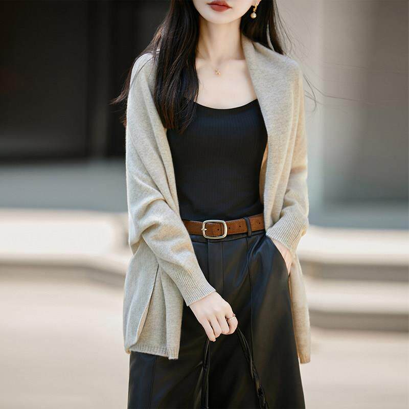 新款七针加厚纯羊毛针织衫女开衫慵懒风休闲百搭无扣外套开叉罩衫