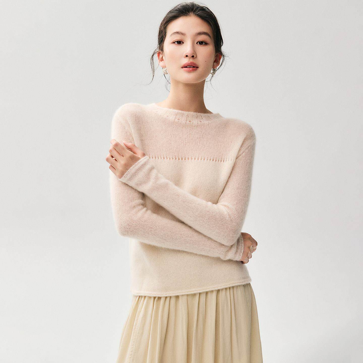 2026新款75%山羊绒25%桑蚕丝羊绒衫女薄款秋冬圆领毛衣纯色打底衫