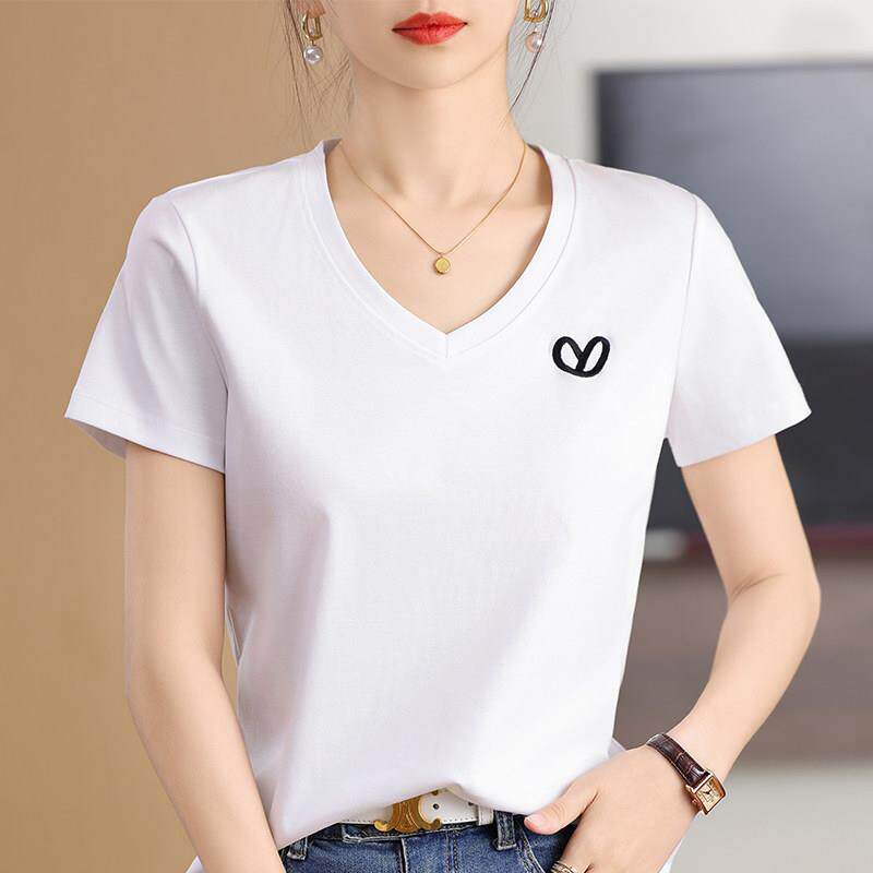 丝光纯棉T恤女士短袖夏季新款鸡心V领半袖全棉正肩刺绣打底上衣