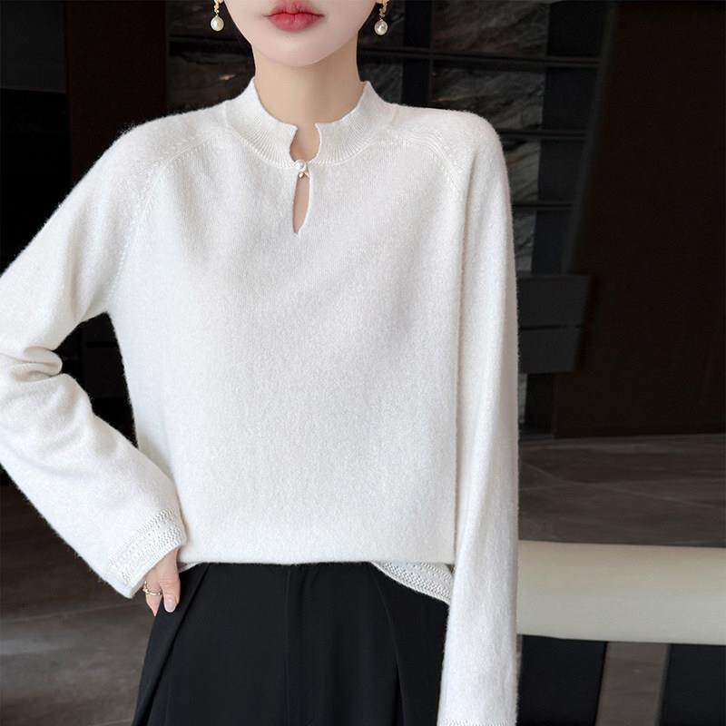 中国风~半高领毛衣女100纯羊毛针织衫立领盘扣打底毛衣气质喇叭袖