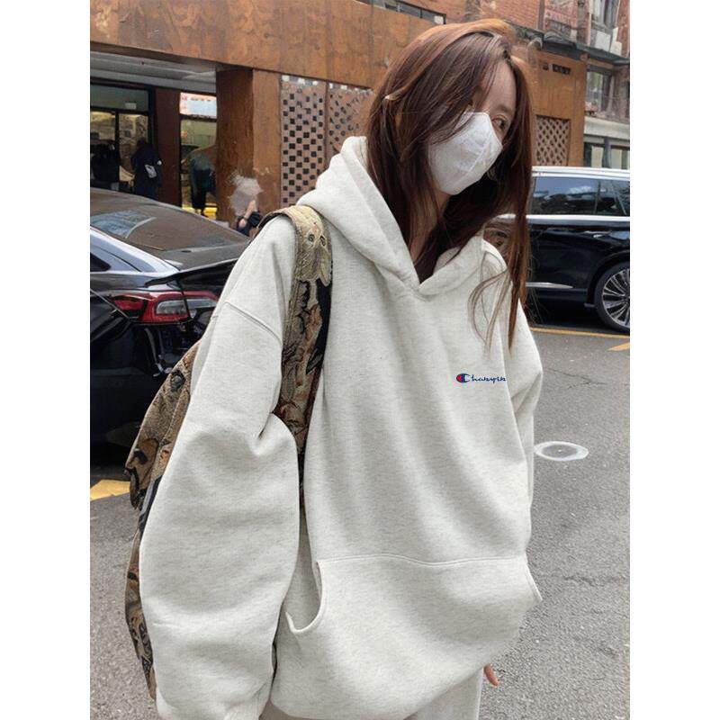 2025新款连帽套头白灰卫衣女秋冬中长款宽松情侣外套上衣慵懒风