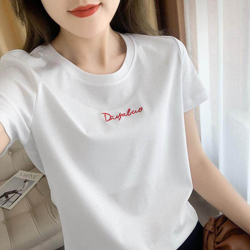 丝光纯棉白色T恤女士短袖夏季新款圆领半袖全棉正肩刺绣打底上衣
