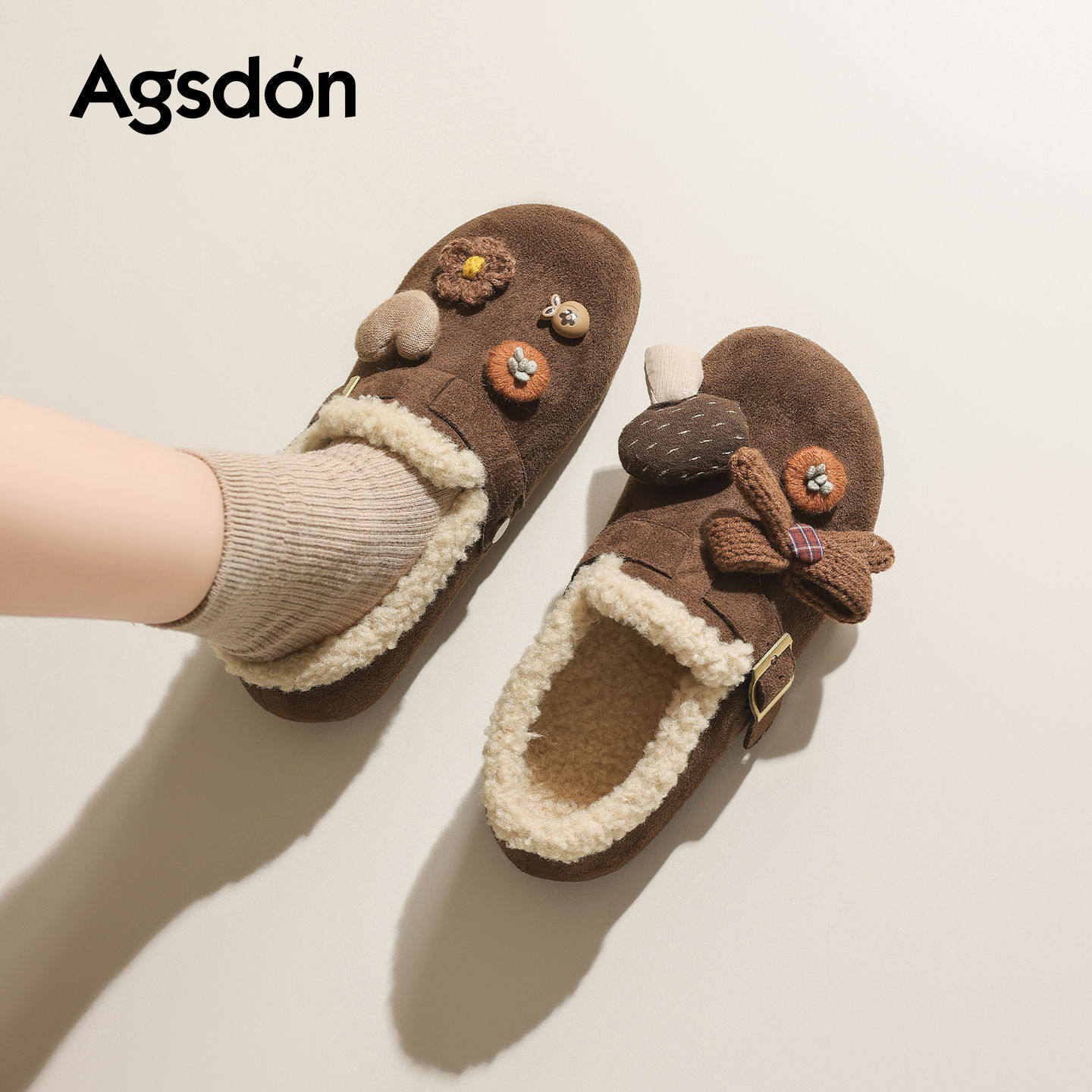 奥古狮登加绒勃肯鞋女2025新款冬季厚底一脚蹬小土豆毛绒洞洞棉鞋