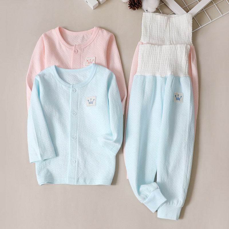 남학생과 여학생을 위한 하이 웨이스트 배 보호 아동 속옷 세트 순면 가디건 이중 자카드 가정복 가을 옷과 긴 바지