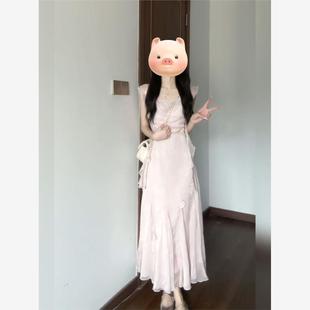 胖mm法式 微胖72变 温柔风粉色荡领吊带连衣裙女超仙绝美气质长裙
