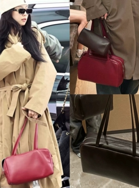 Jennie同款新款红色保龄球包羊皮单肩包通勤手提腋下包波士顿包