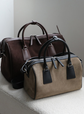 秋冬百搭磨砂牛皮波士顿枕头包高级感大容量真皮保龄球包女