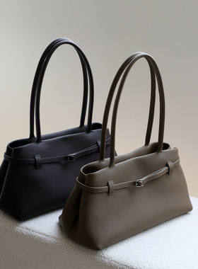 秋冬头层牛皮荔枝纹手提包皮带装饰扣托特包通勤百搭单肩腋下真皮