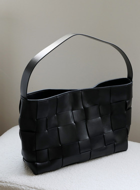 小众设计女头层牛皮编织单肩腋下手提大容量电脑通勤托特包