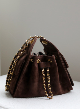 羊猄绒磨砂小香风通勤菱格腋下包复古链条抽拉腋下女包