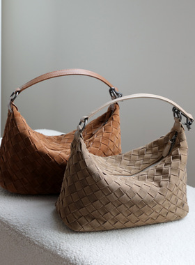 复古磨砂牛皮编织包真皮休闲遛狗包单肩包通勤时尚女包腋下包