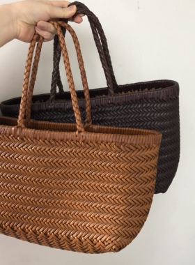 d家法式头层牛皮编织小众真皮复古手提包女ins菜篮子包海边旅游包