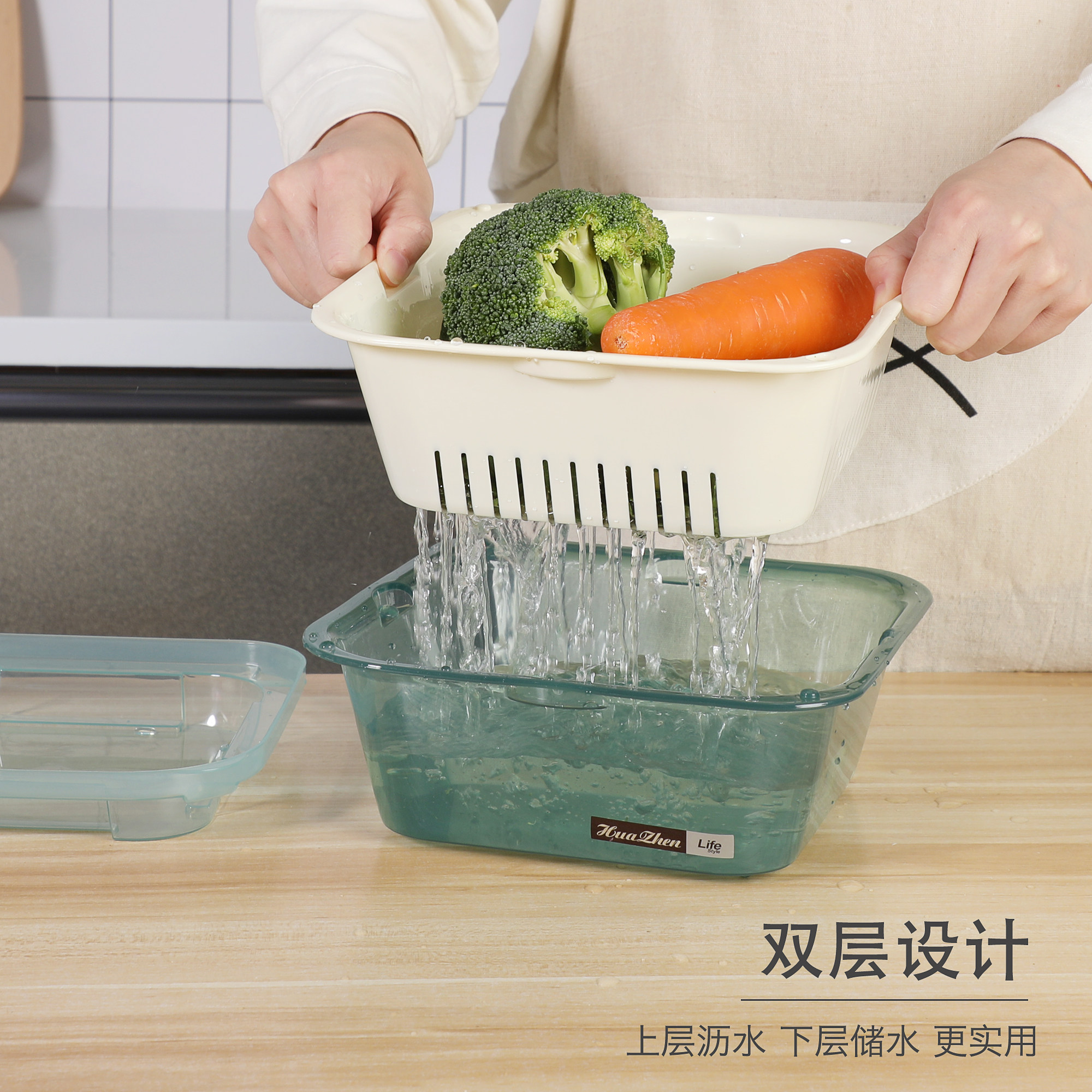 双层洗菜盆沥水篮厨房家用沥水篮密封带盖冰箱蔬菜水果保鲜收纳盒 - 实物图