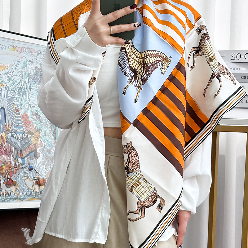 【宫廷骏马】真丝斜纹100%桑蚕丝大牌亮色系丝巾女大方巾围巾披肩