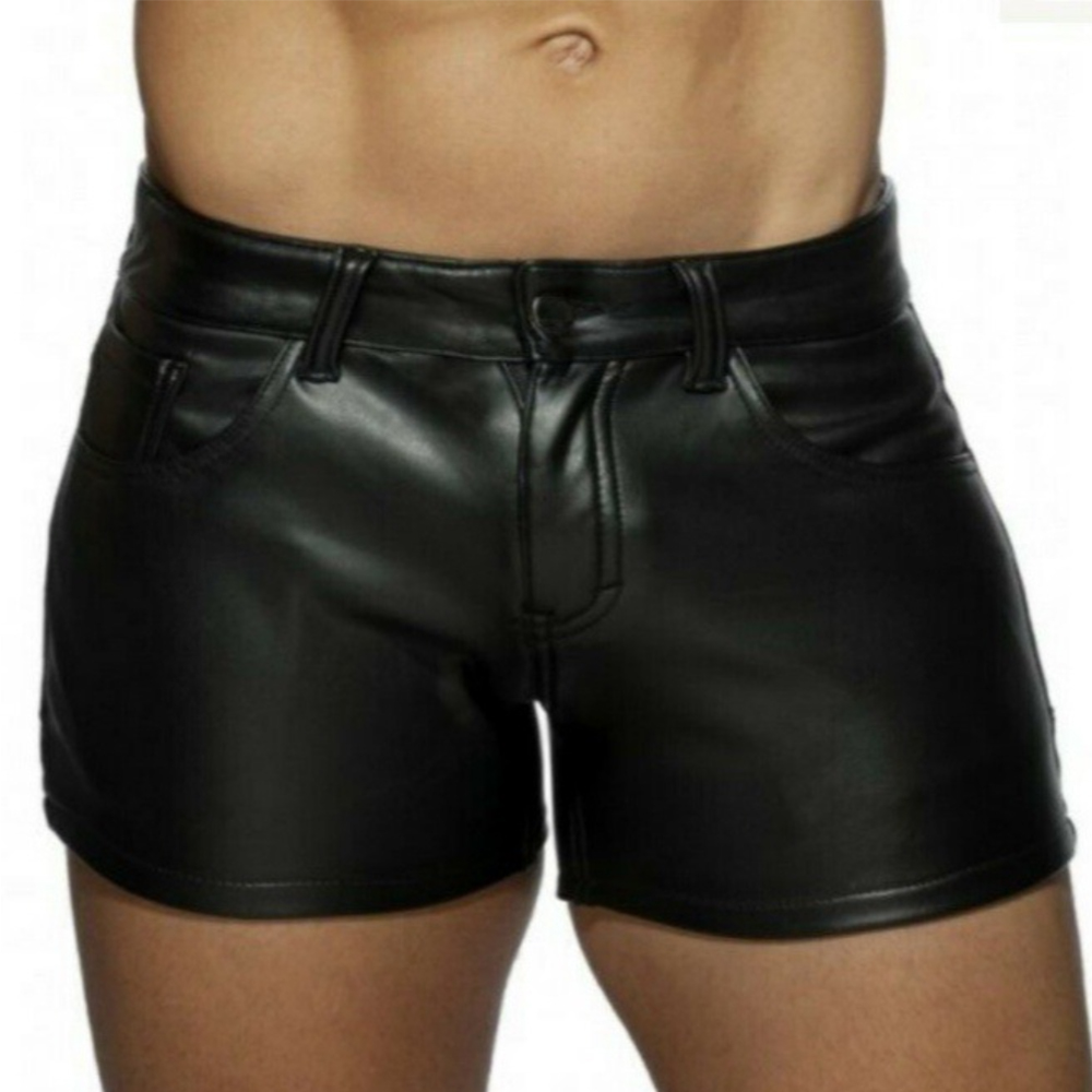 Men's black tight buttoned leather shorts男士黑色紧身皮短裤