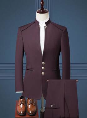 2026青年中山装三件套演出服中华立领修身西服装结婚礼服唐装新款