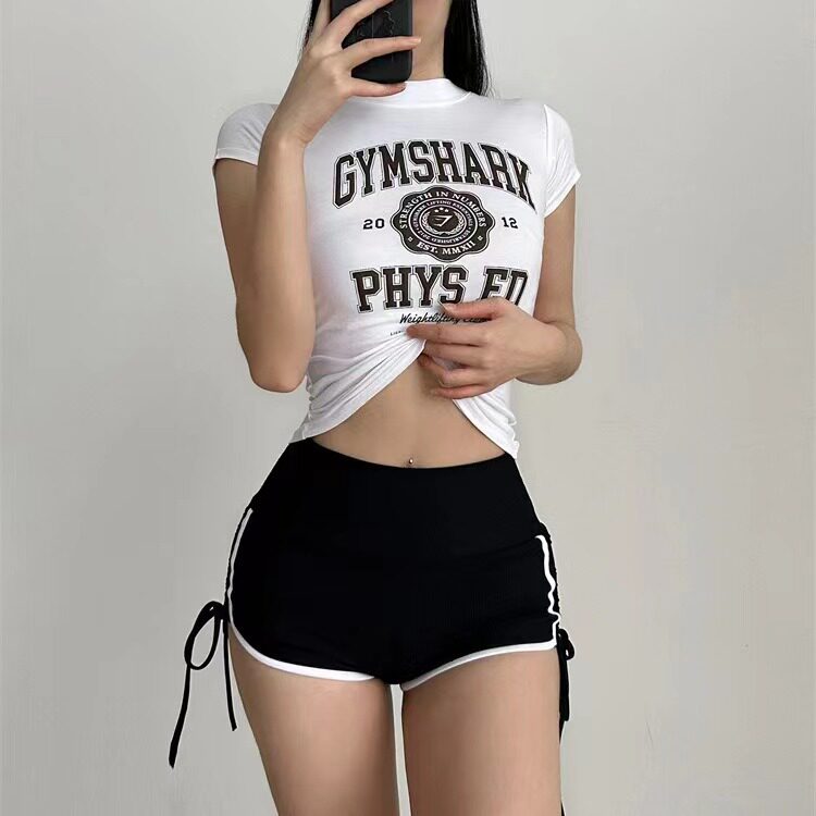 欧美风运动健身印花女士短款T恤瑜伽跑步训练贴身短袖圆领上衣 女