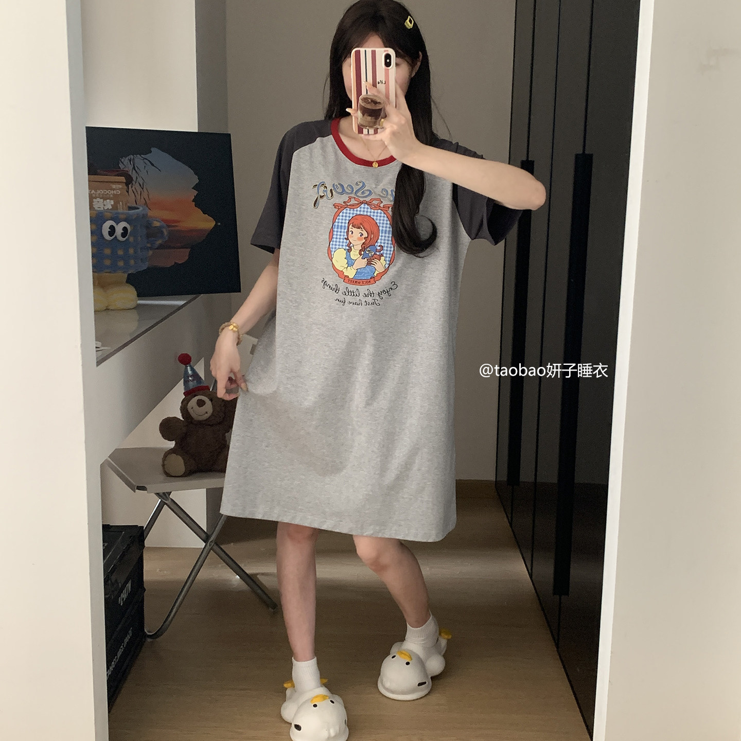 ins灰色插肩睡裙纯棉夏季可外穿 宽松大码卡通可爱短袖睡衣连衣裙