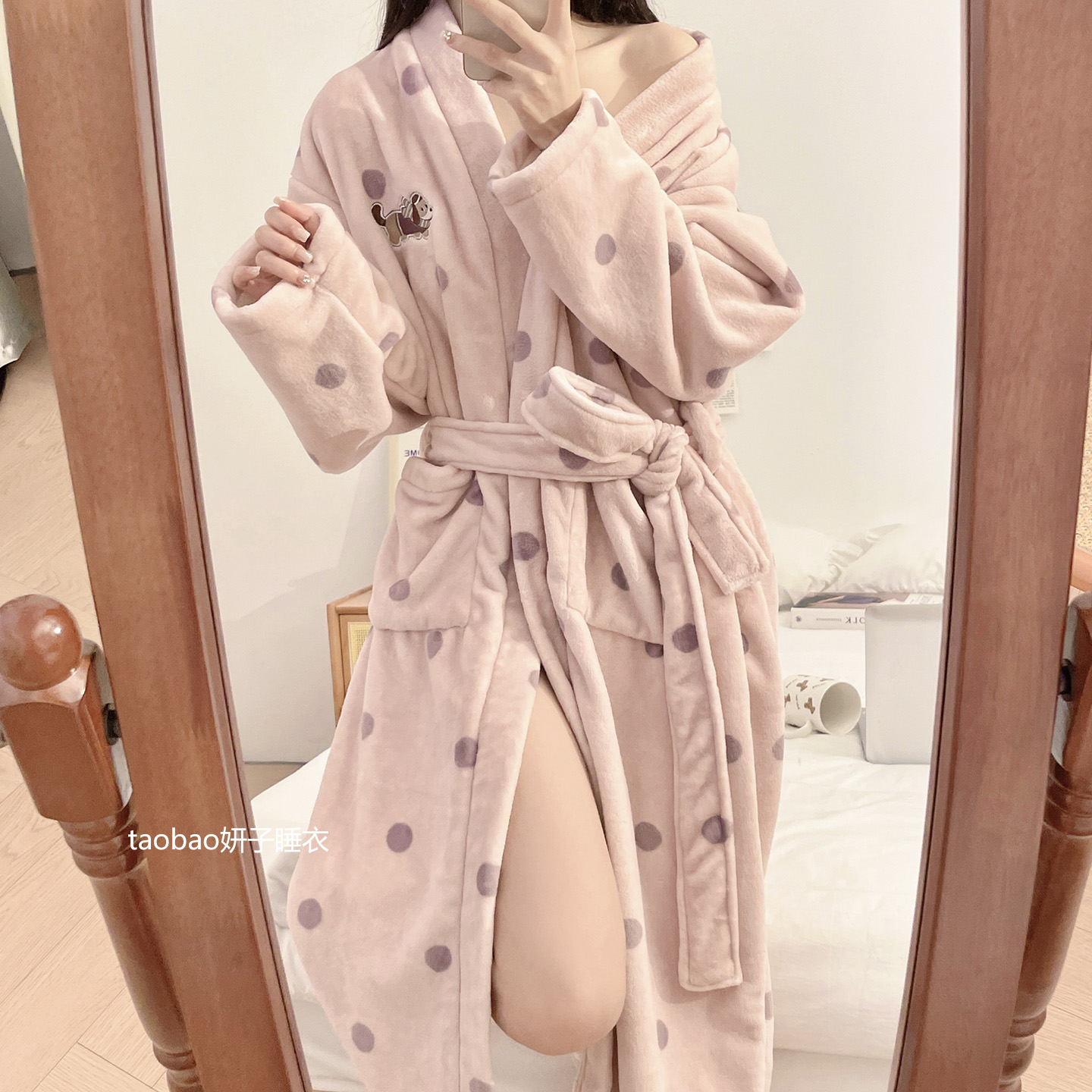 波点小狗系带睡袍女秋冬季珊瑚绒睡裙法兰绒睡衣2025新款性感浴袍