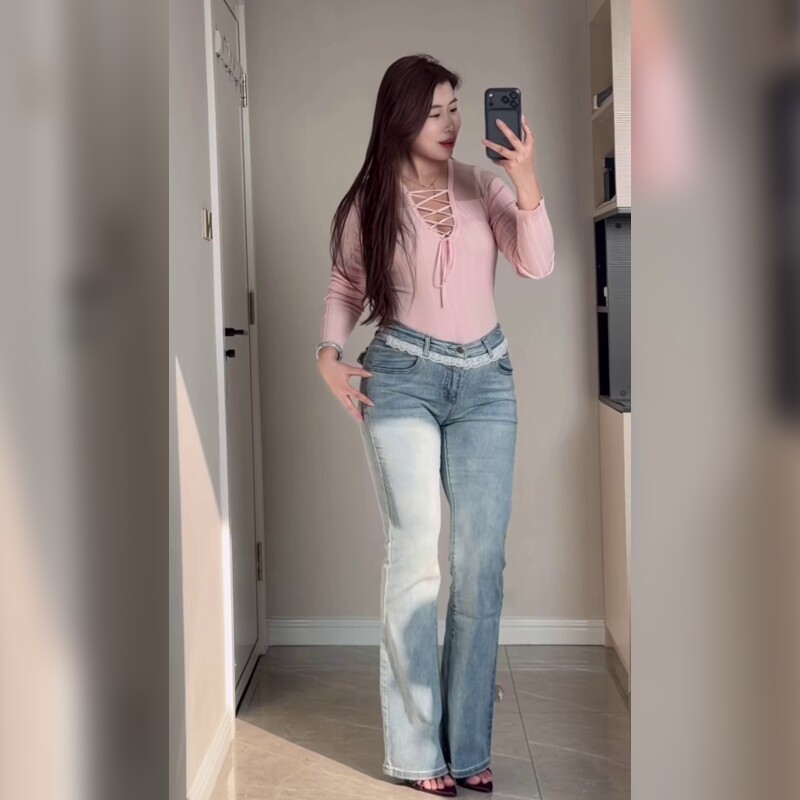 高腰微喇牛仔裤女蓝色修身显瘦长裤显腿长小个子穿搭