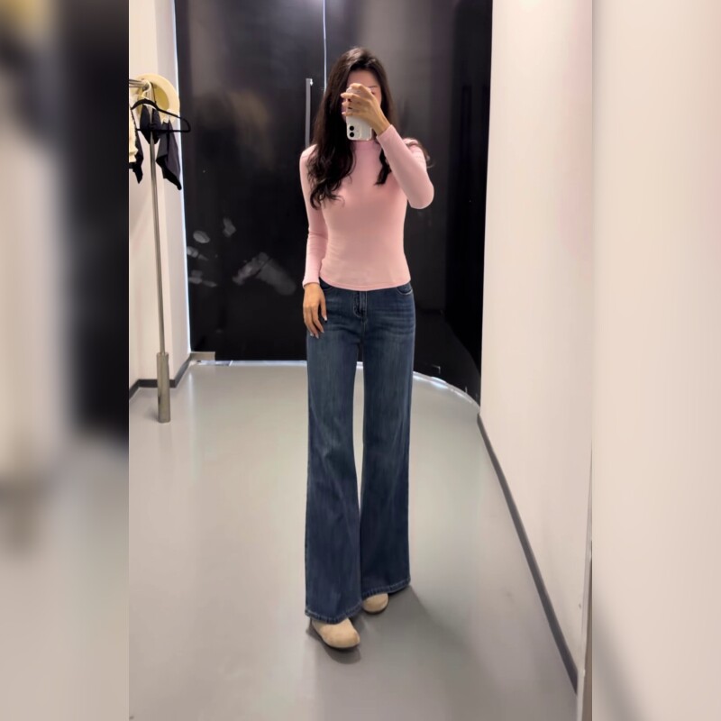 高腰微喇牛仔裤女修身显瘦小个子垂感直筒裤蓝色