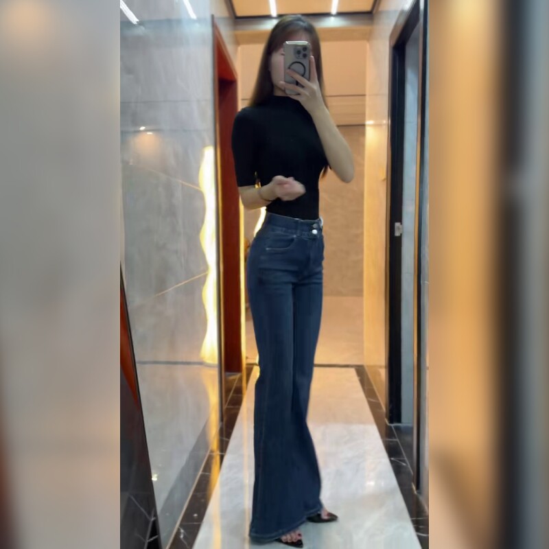 黑色高腰微喇牛仔裤女显瘦垂感修身小个子马蹄长裤