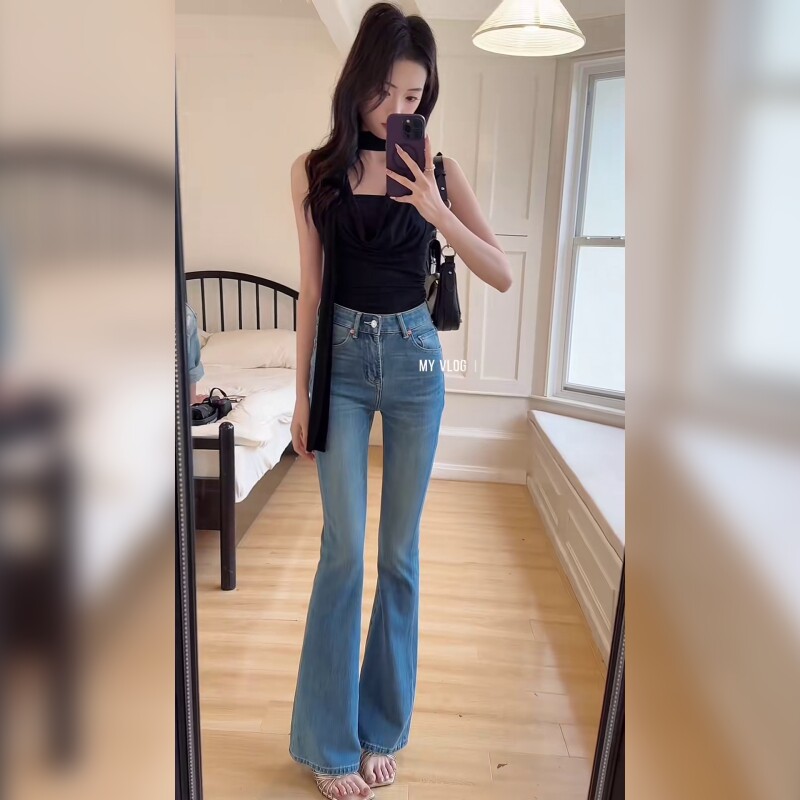 蓝色高腰微喇牛仔裤女修身显瘦小个子直筒长裤