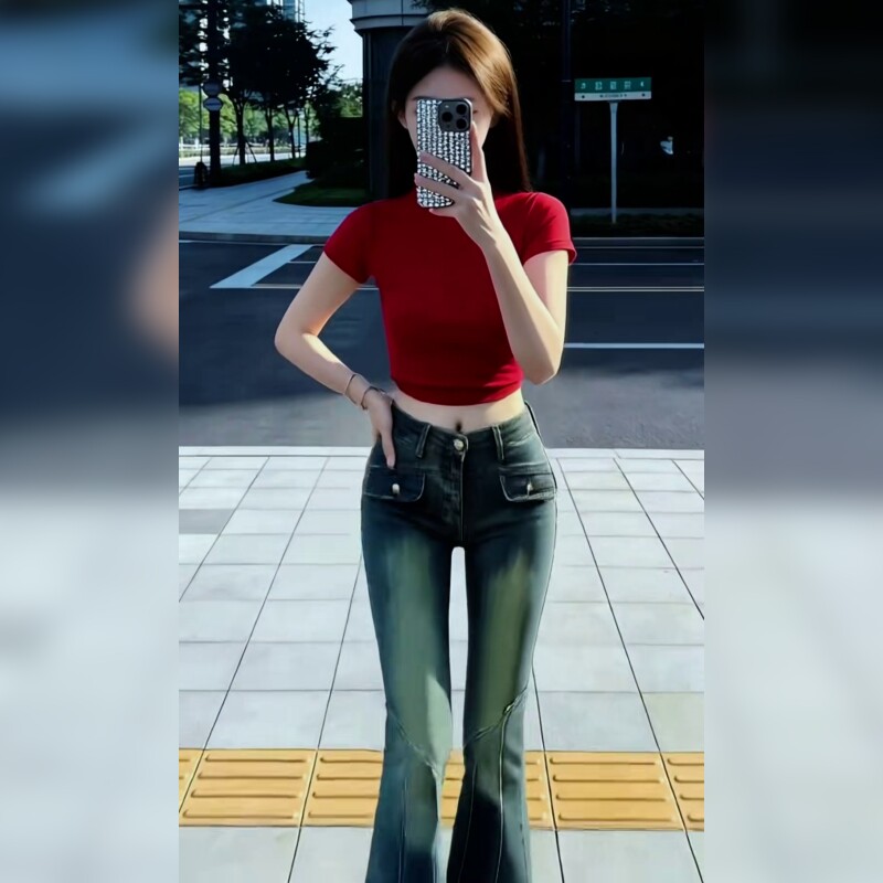 美式辣妹风高腰微喇牛仔裤女显瘦修身长裤弹力百搭小个子显高