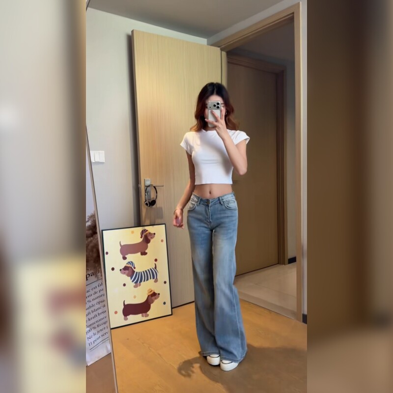 美式复古辣妹风低腰牛仔裤女显瘦直筒微喇裤复古丹宁