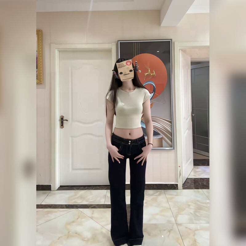 原色低腰微喇牛仔裤女显瘦黑色长裤修身喇叭裤