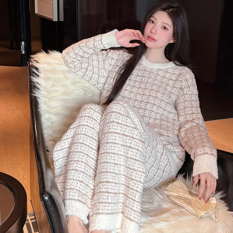 冬季新款格子半边绒睡衣女宽松加绒保暖韩版休闲风家居服两件套装
