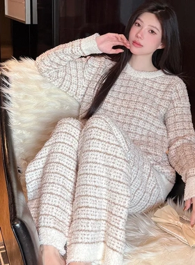 冬季新款格子半边绒睡衣女宽松加绒保暖韩版休闲风家居服两件套装