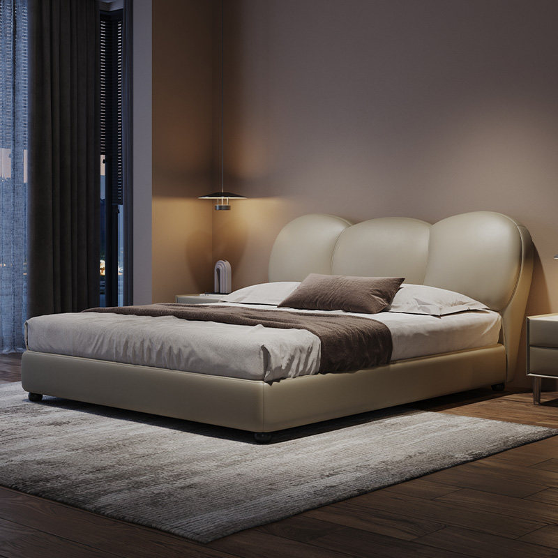 床主卧高端大气现代别墅卧室花瓣艺术设计师款头层牛皮意式轻奢床