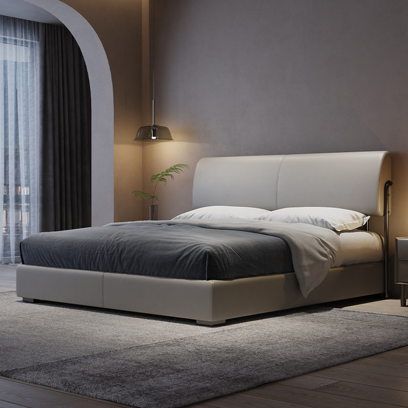 极简大师头层牛皮轻奢主卧地台床
