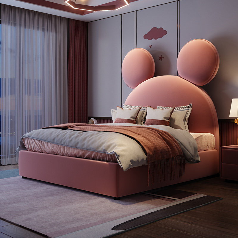 极简大师 儿童床女孩公主床粉色米老鼠床网红意式轻奢布艺双人床