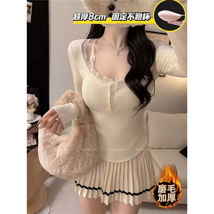 纯欲蕾丝花边磨毛带加厚一体式固定胸垫长袖T恤修身显瘦打底上衣