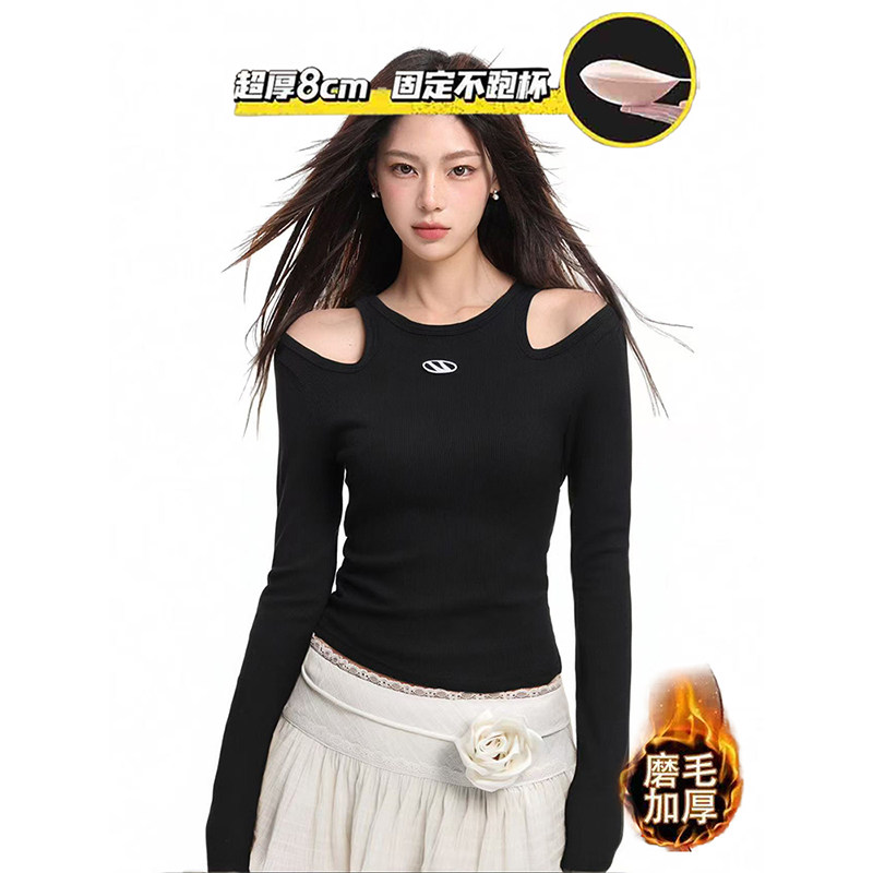 美式露肩T 带胸垫黑色镂空长袖t恤女内搭收腰修身打底衫辣妹上衣,女装/女士精品,T恤,淘宝优惠券,粉丝福利购,淘宝优惠卷