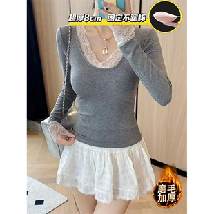 韩黛佳人 带胸垫蕾丝v领磨毛保暖长袖T恤女修身打底衫内搭上衣