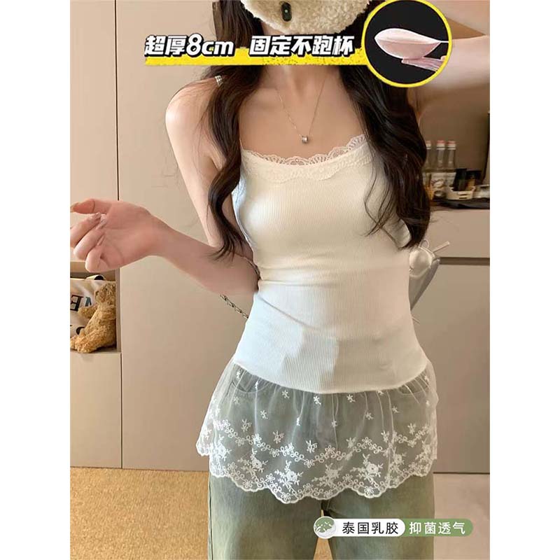 浪漫定律 白色纯欲加长蕾丝美背心吊带内搭打底加厚胸垫修身屁帘