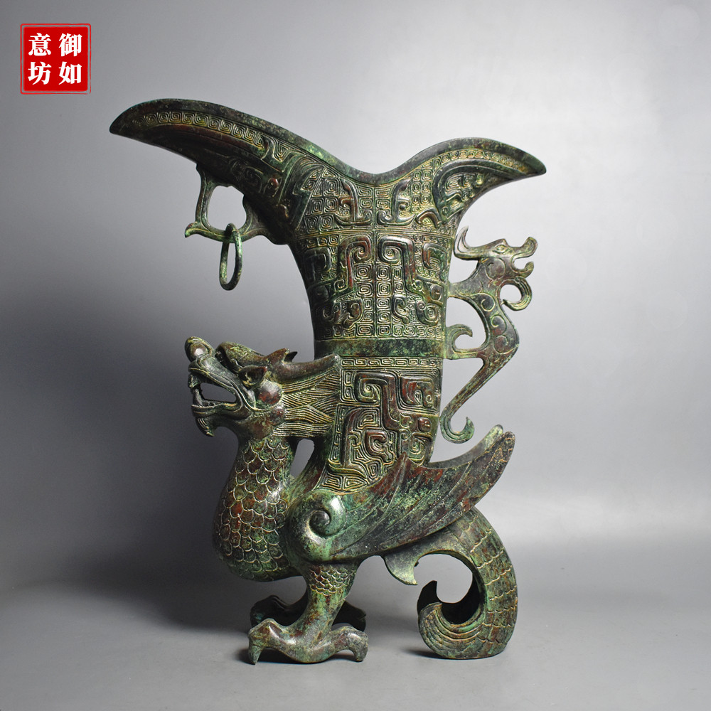 青铜器特大号龙杯纯铜仿古饮酒器摆件装饰古典特色工艺品古玩收藏