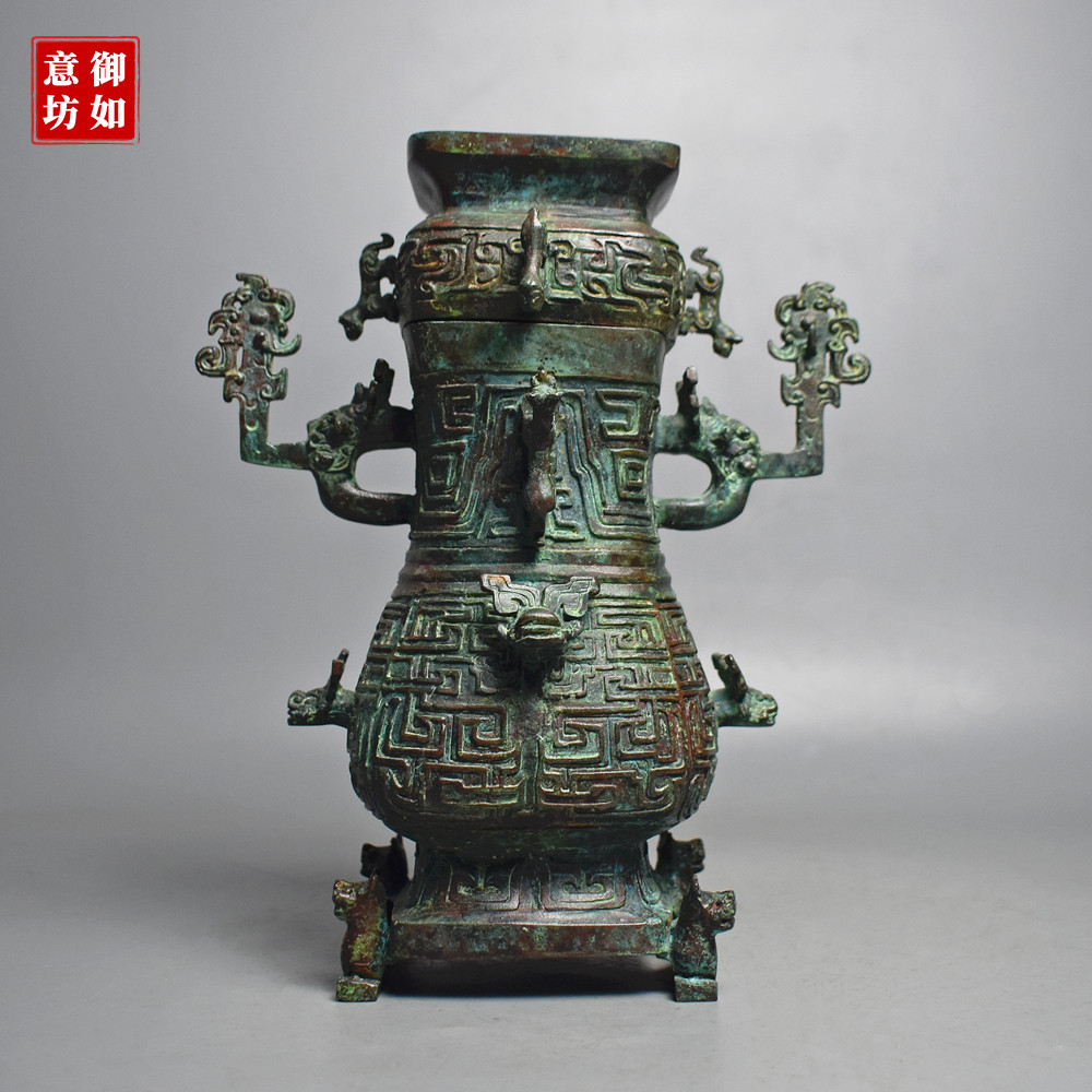 青铜器仿古四龙方壶连鹤方壶回形纹纯铜摆件古典装饰收藏工艺礼品