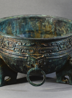 仿古青铜器三足四环簋盆凤纹鼎青铜礼器古代食器影视道具工艺品