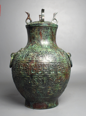 青铜器狩猎纹双环壶纯铜圆瓶摆件