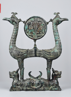 青铜器仿古摆件双凤鼓架文玩古玩