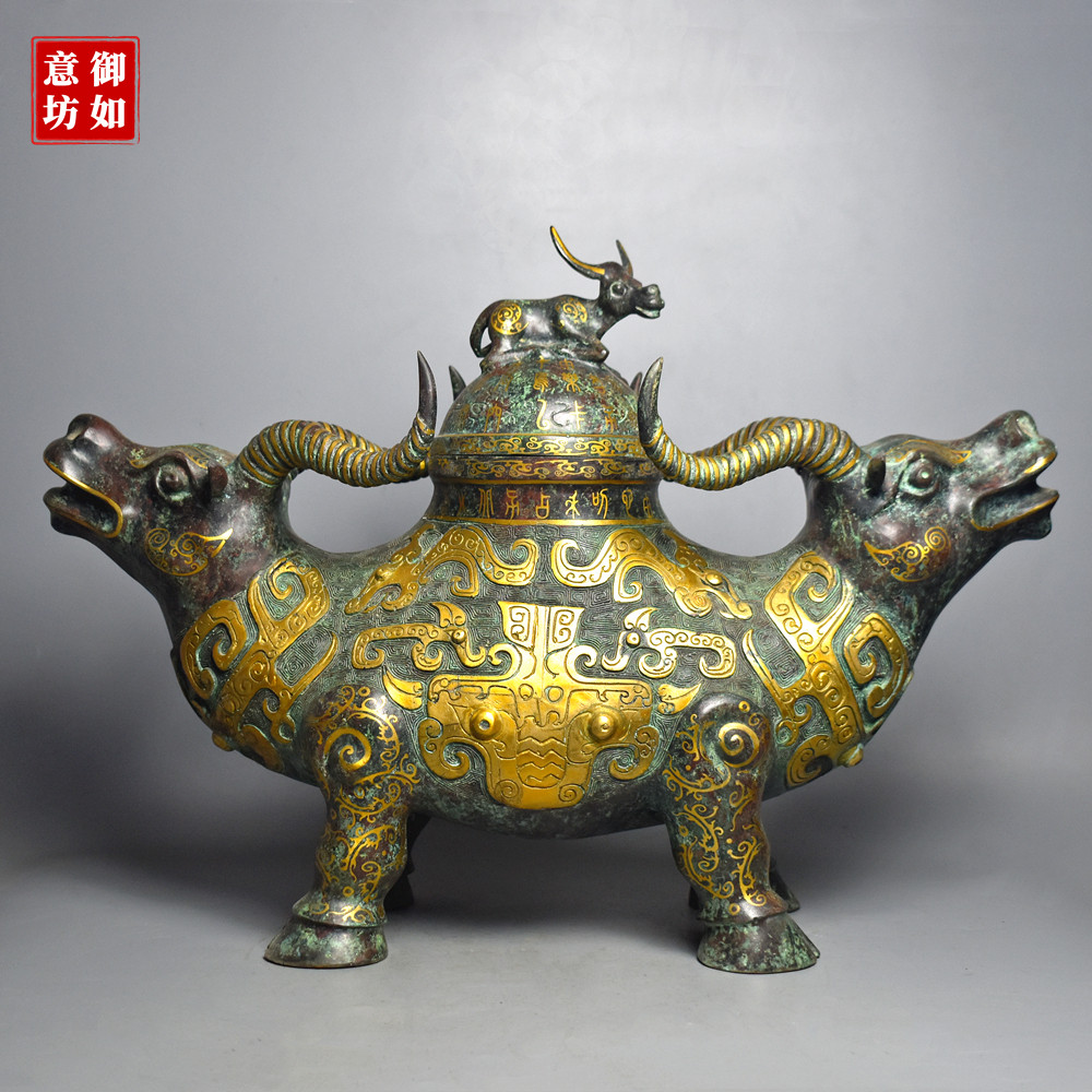 青铜器错金母子牛尊三牛觥仿古酒樽饮酒器摆件古典装饰特色工艺品